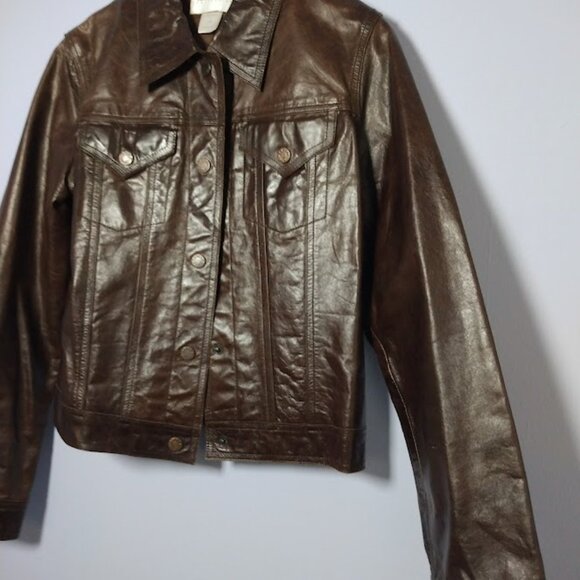 Hugo Buscati Leather Trucker Jacket Vintage Retro 70s Sz Med* Brown Snaps Lined - Picture 3 of 16